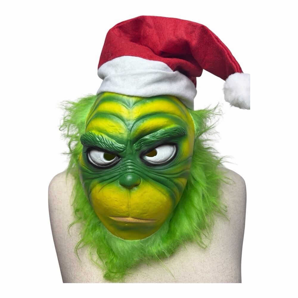 Green Christmas Grouch Mask Santa Hat Adult Full Face Hair Halloween Costume